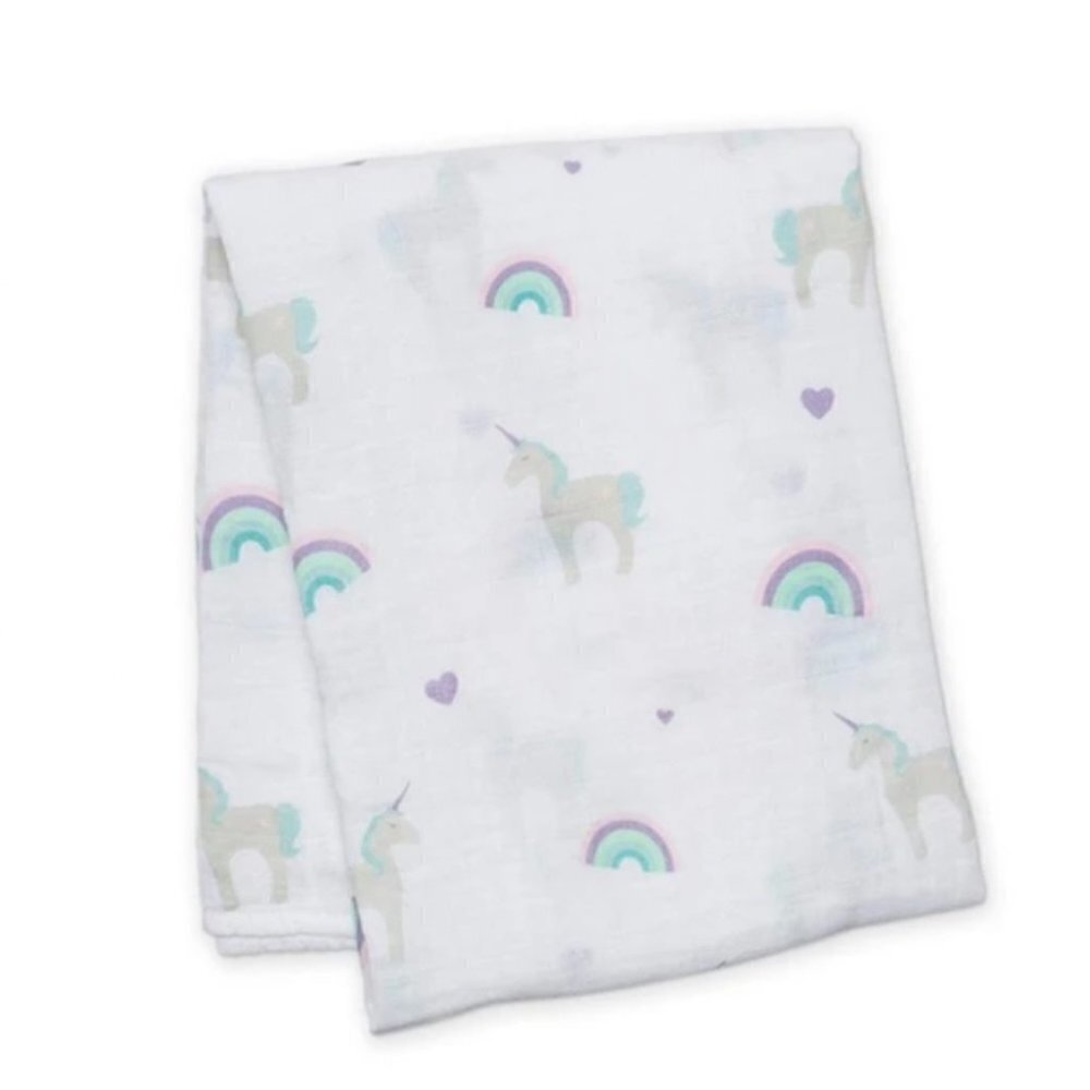 Lulujo Cotton Swaddle Blanket Large Unicorn Rainbow